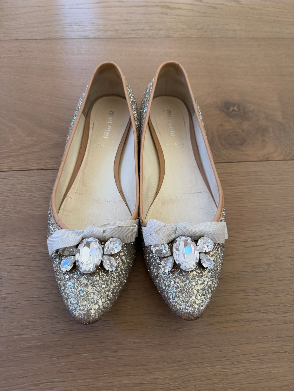 Miu Miu Gold Glitter Pointed Flats with Crystal Bow